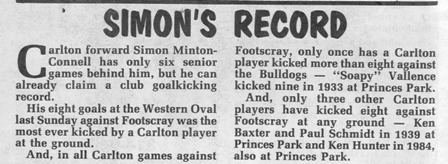 1990 Rd 18 - Simon's record 8 goals at the Western Oval.Football Record.