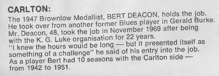 1971 - Carlton Secretary Bert Deacon.Football Life.