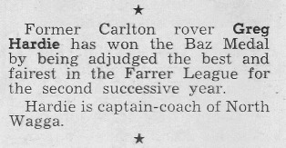1970 - Ex Blue Greg Hardie wins Baz Medal.