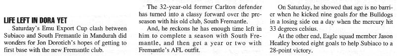 1994 - Jon Dorotich bags 9 for Sth Freo (8/3/94).Inside Football.