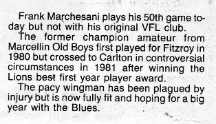 1985 Rd 1 - Frank Marchesani's 50th game.