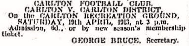 1913 advert George Bruce CFC secretary 1913 advert George Bruce CFC secretary The Age April 19