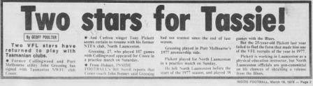 1978 - Tony Pickett to go back to Tas. (16/03/78).