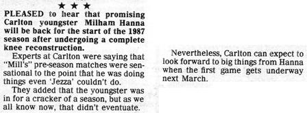 1986 - Hanna right for start of '87 season (04/09/86).Inside Football.