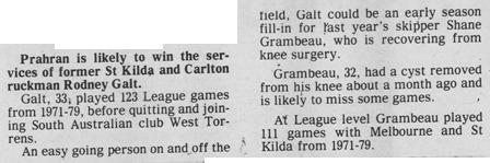 1985 - Ex Blue Rod Galt to play for Prahran.