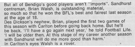 1970 - Quote from future Blue Brian Walsh (July 1970).