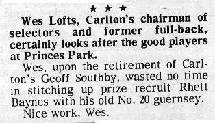 1985 - Wes Lofts gives Rhett Baynes No.20 (02/05/85).
