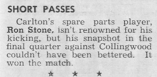 1966 Rd 11 - Ron Stone kicks winning goal.Football Record - 16th July, 1966.