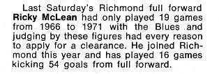 1972 - Snippet on Ex Blue Ricky McLean.