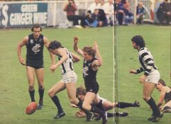 1978 1st Semi - Trevor Keogh about to pounce onto the footy with Armstrong in support.