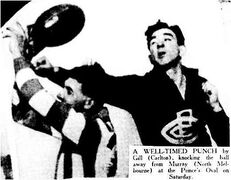 1939 Rnd 3. Frank Gill v N.Melb. 1939 Rnd 3. v North Melbourne Trove; Argus May 08