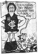Fitzpatrick CartoonThis cartoon refers to a famous incident where Hawthorn champion Leigh Matthews crashed into a point post, and snapped it off. The following week Carlton demolished the Hawks. Edited image - originally submitted by Bombasheldon.