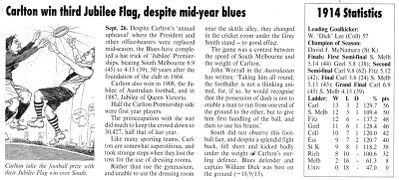 1914 - Carlton win third Jubilee Flag.Source: 100 Years of Australian Rules Football.