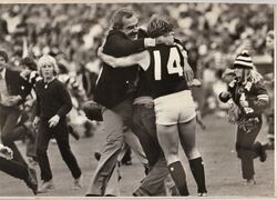 1980 Rd 1 - Percy Jones & Rod Ashman celebrate win over the Pies.
