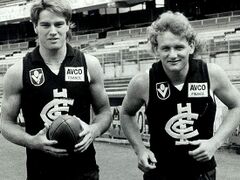 Peter Motley & Craig Bradley At Training 1985Image courtesy of Adelaide Now.