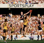 1987 Grand Final - Justin Madden hits the ball to Craig Bradley.