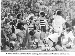 1984 Rd 13 - Rod Ashman & Spiro Kourkoumelis involved in melee.