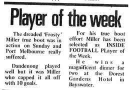 1973 - Ex Blue Frosty Miller player of the week (26/05/73). Inside Football.