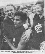 1972 GF - Keith McKenzie hugs Syd Jackson as Kevin Hall looks on.Source: Melbourne Observer.